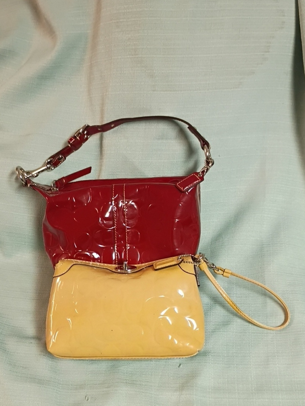 ❤️LOT 2 COACH C Logo Y2K DEMI MINI RED PATENT LEATHER & TAN WRISTLET Bag Purse